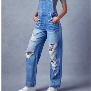 Distressed Denim Wide Leg Overalls